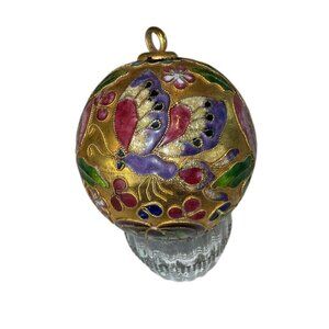Vintage Cloisonné Christmas Ornament Brass Butterfly Floral  Design